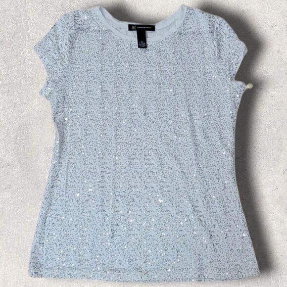 WOMEN'S INTERNATIONAL CONCEPTS INC WHITE SILVER SEQUINS T-SHIRT, SIZE MEDIUM - Picture 1 of 6